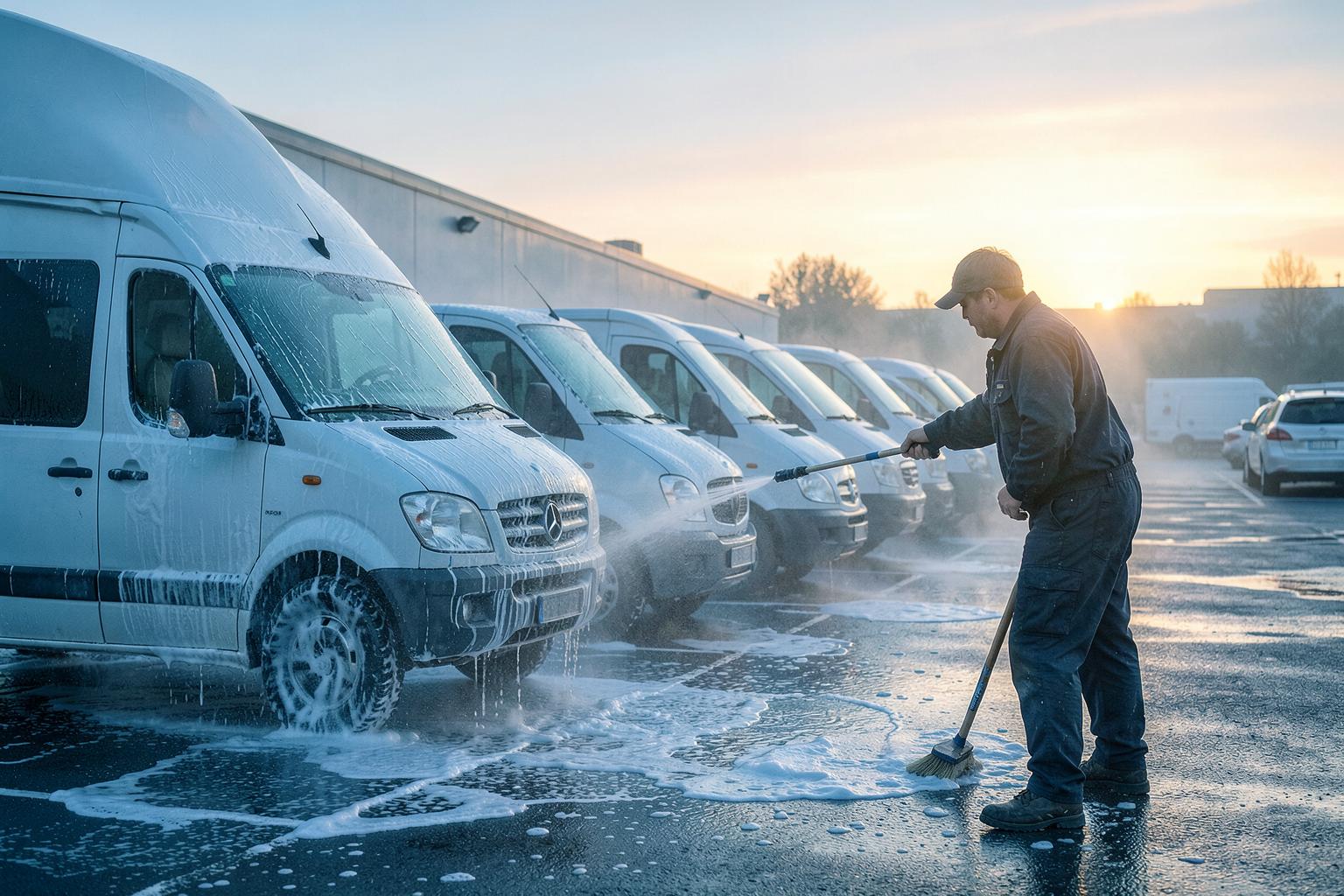 Fleet washing delivery vans at sunrise