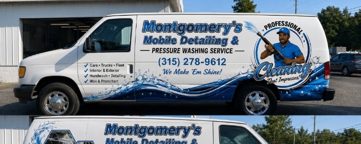 Montgomery's wrapped service van — We Make 'Em Shine!